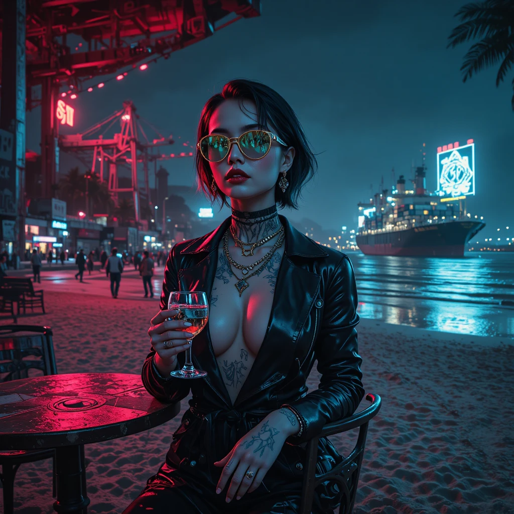 Cyberpunk woman in vinyl trench at neon harbor