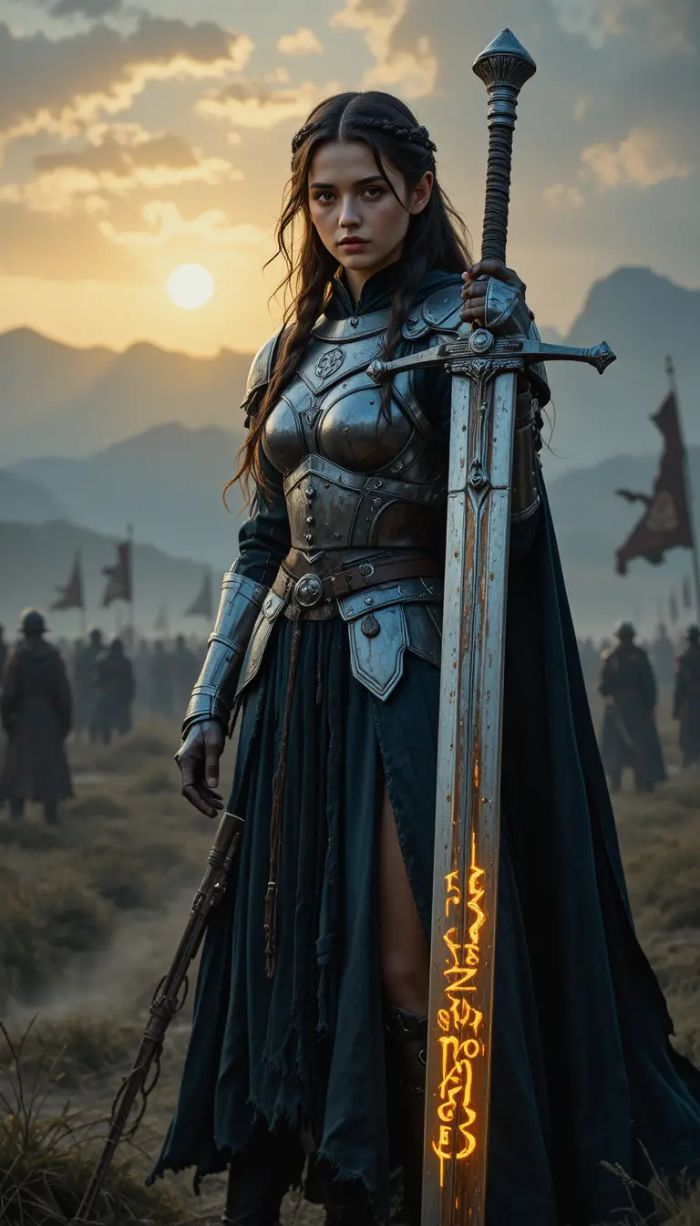 Elf warrior princess resting on her runed greatsword