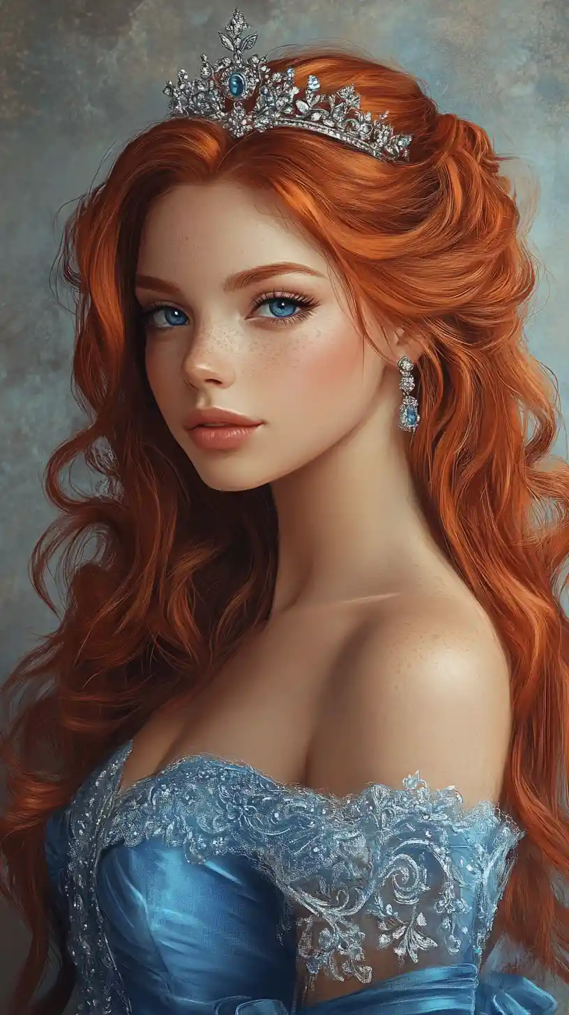 Red haired girl in blue gown with silver tiara