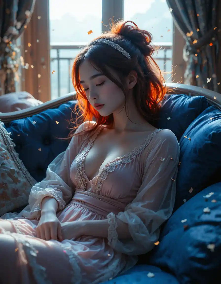 Sleeping girl on velvet sofa in moonlit living room