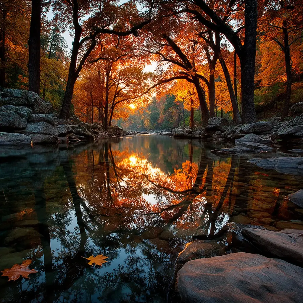 Fiume nel bosco autunnale che riflette alberi infuocati e foglie cadute