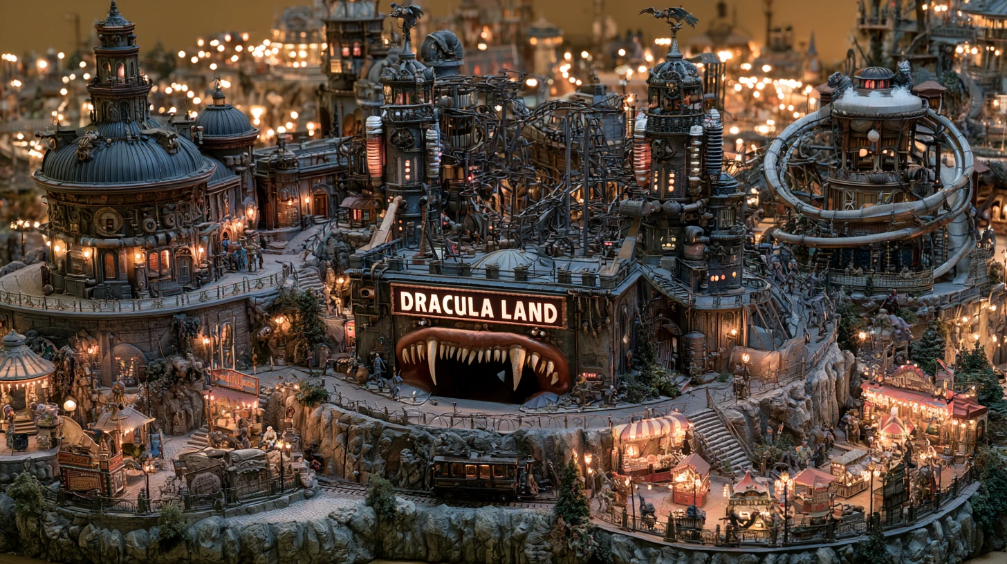 Steampunk Dracula Land Theme Park With Monster Rides