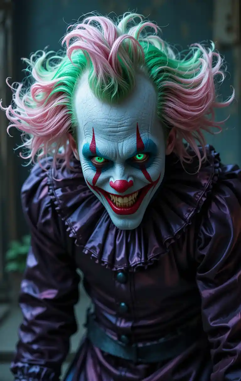 Menacing clown with pink and green hair and emerald eyes