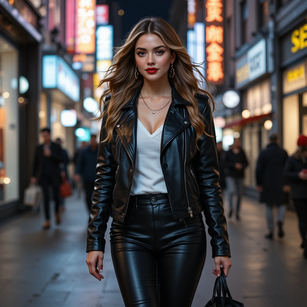 Woman in leather outfit walking through city at night