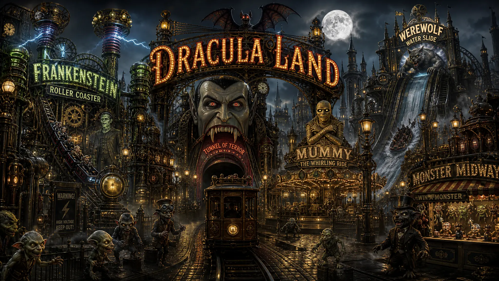 Steampunk-Dracula-Land Fantasie-Themenpark bei Nacht