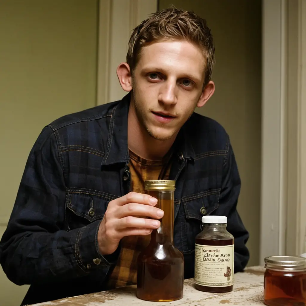 Two young men sharing green syrup in a dark bedroom