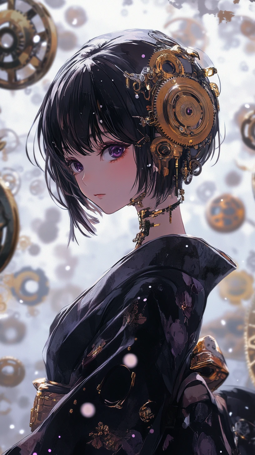 Steampunk anime girl in kimono amid floating clockwork gears