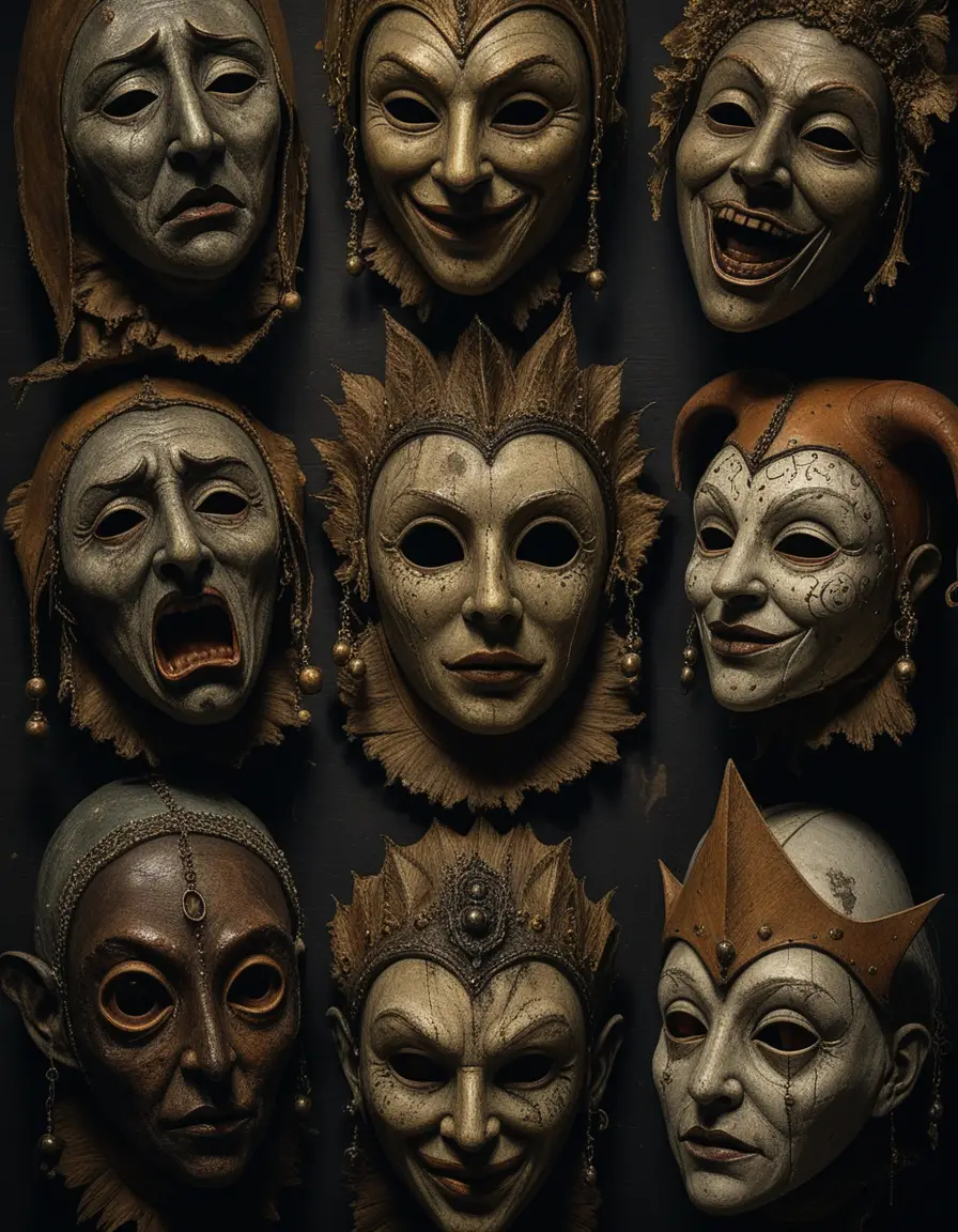 Colección surreal de máscaras femeninas grotescas a la luz oscura