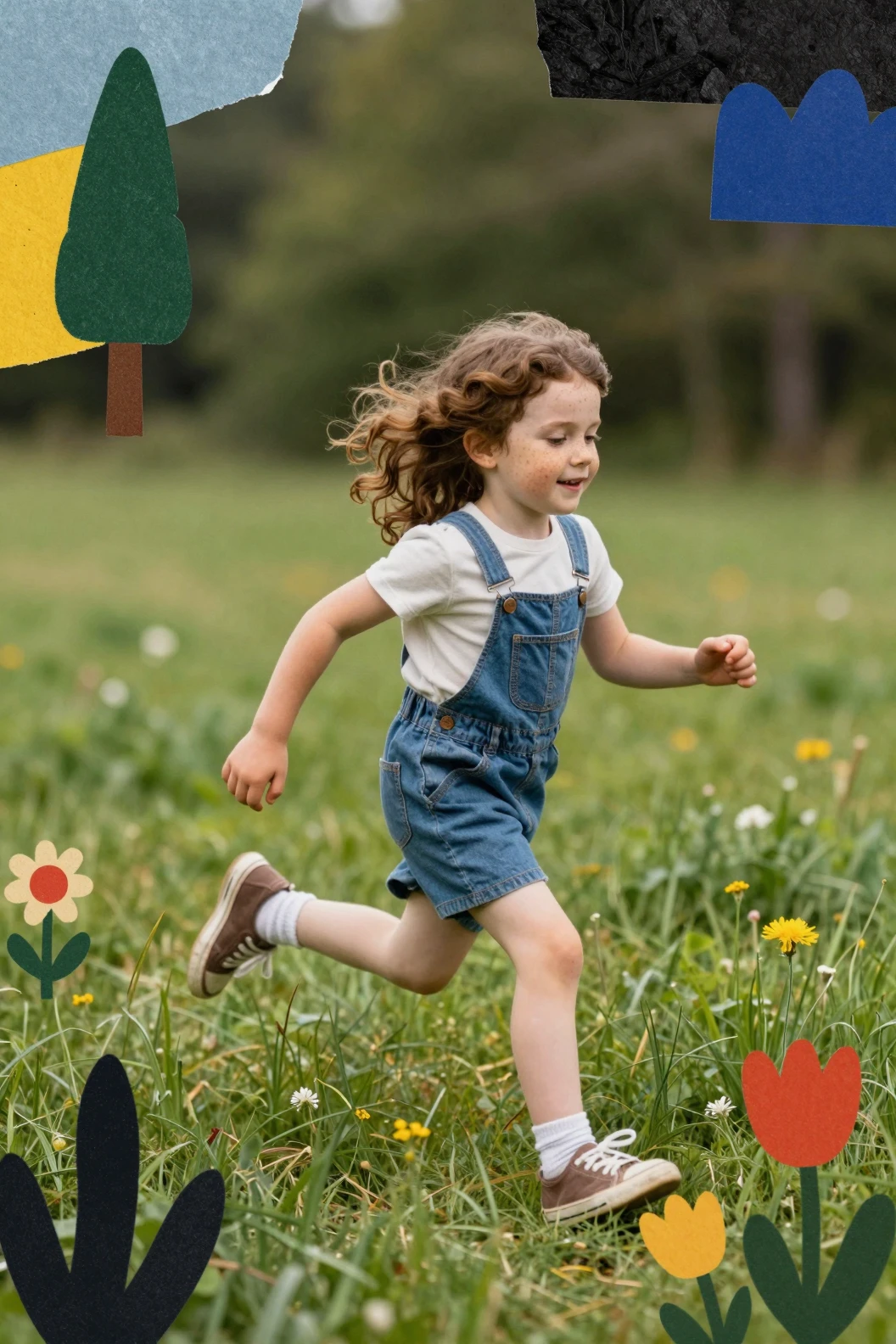 Little girl running through a colorful paper collage meadow