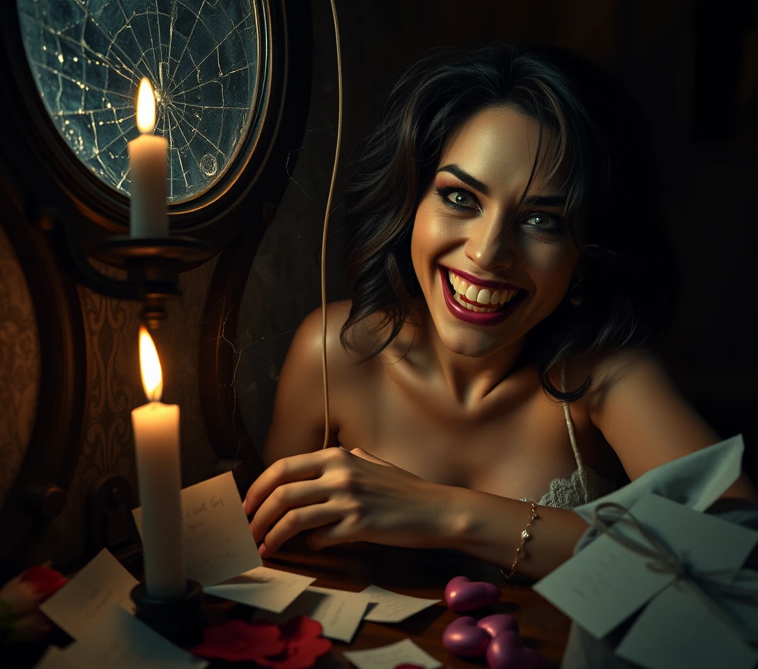 Femme surréaliste devant un miroir fissuré dans une pièce éclairée aux bougies