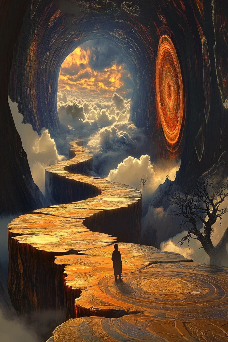 Lone figure crossing floating stones above a swirling chasm