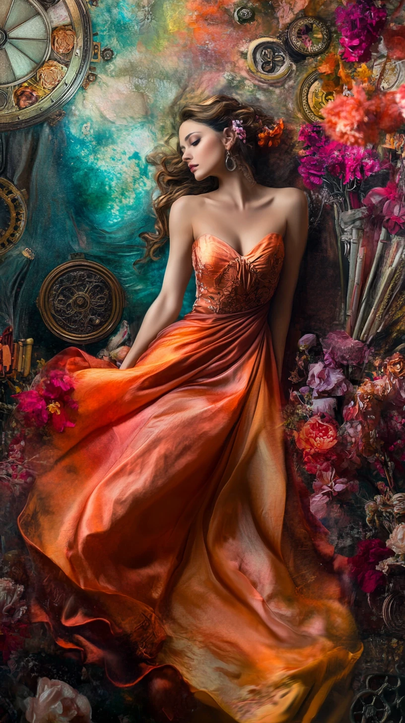 Élégante femme fantastique en robe dos-nu drapée ornée de fleurs