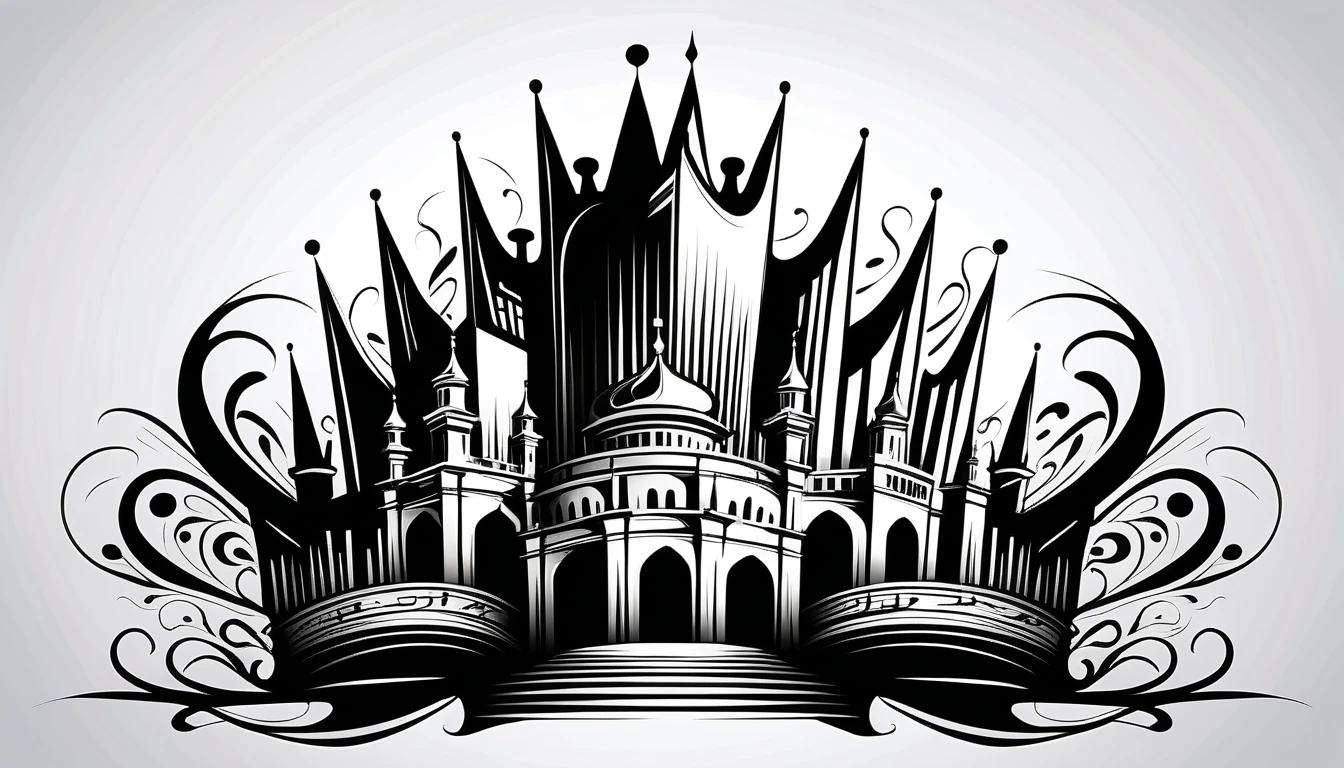 Expressive calligraphic crown rising in swirling line art