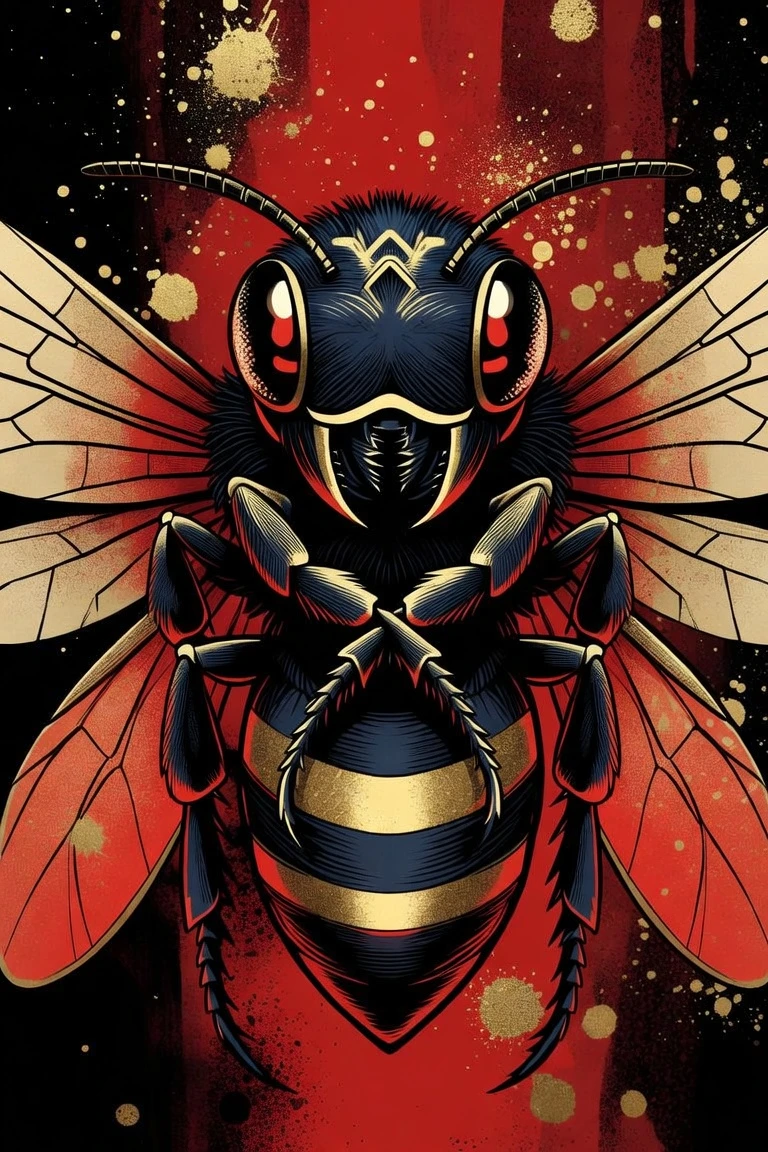 Tattoo style bee emblem in bold red gold and black