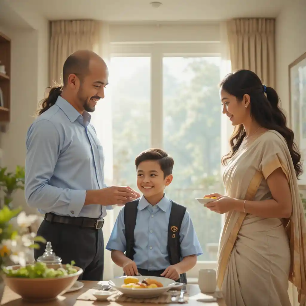 Indian family sharing breakfast in a bright modern home