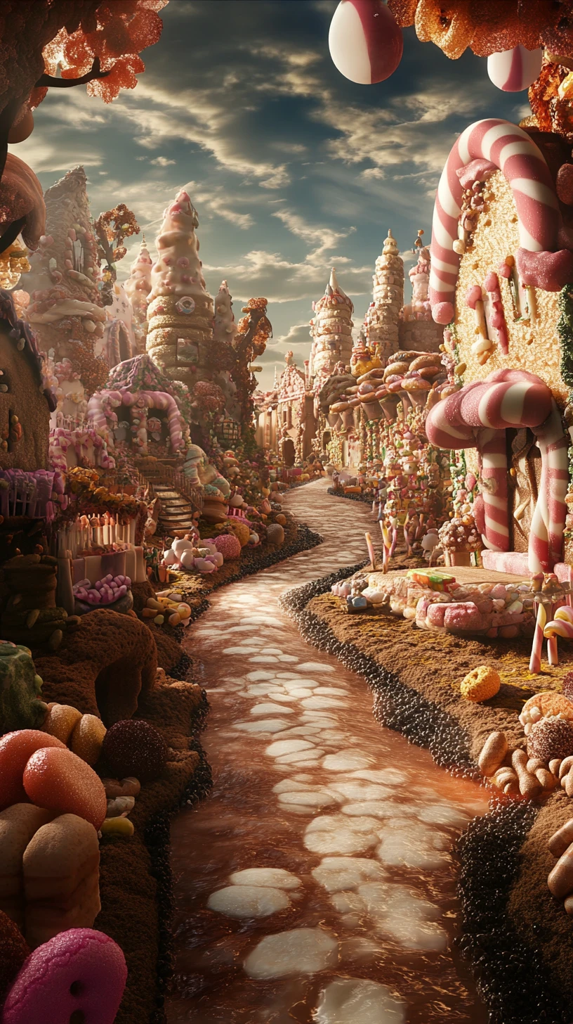 Mundo de Dulces Embrujado con Río de Chocolate y Bosque Dulce
