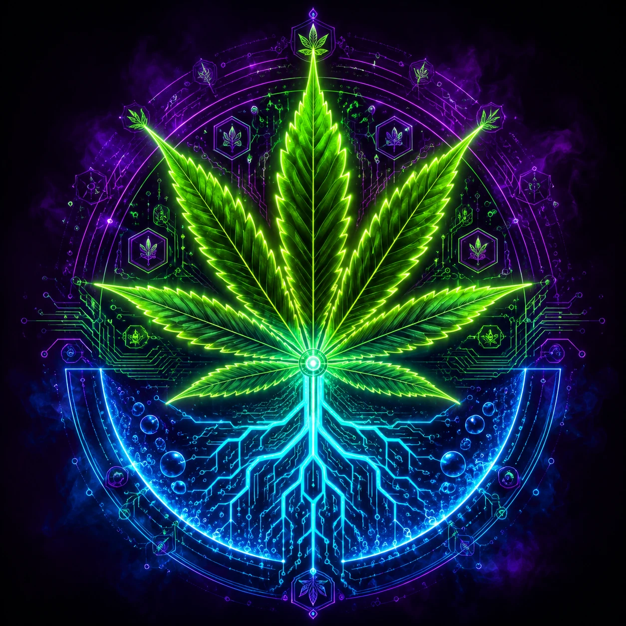 Neon Cannabis Leaf With Digital Circuit Roots On Dark Background
