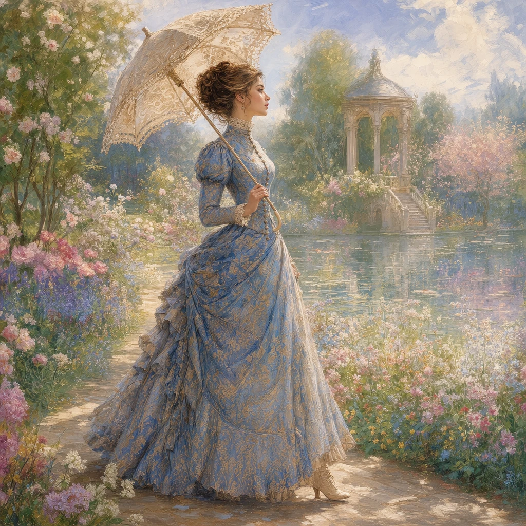 Mujer elegante con parasol caminando por un jardín de flores