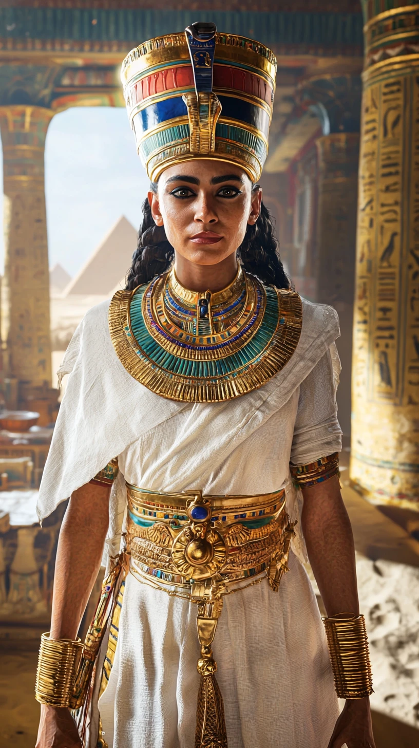 Regal ancient Egyptian woman in golden temple courtyard