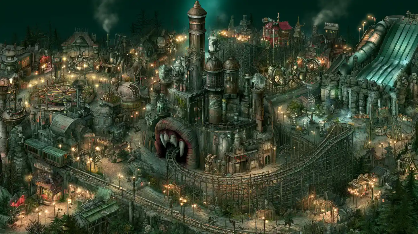 Steampunk Dracula themed entrance towering over dark fantasy park
