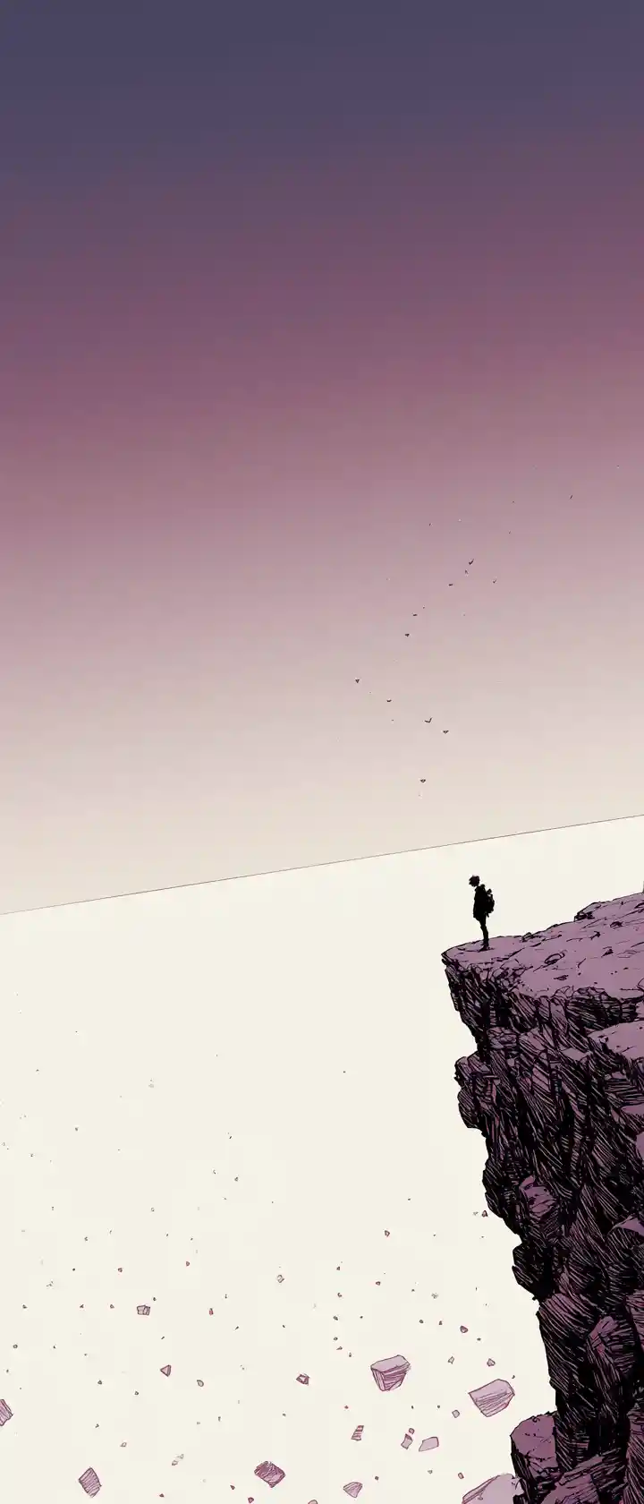Anime girl on a high ridge above an endless white horizon