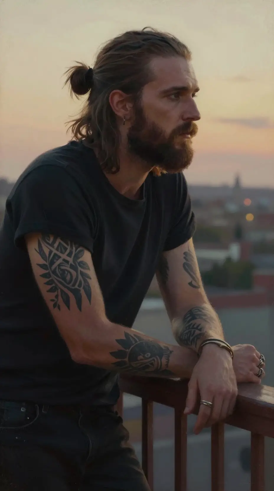 Nachdenklicher tätowierter Musiker auf einem Balkon bei Sonnenuntergang