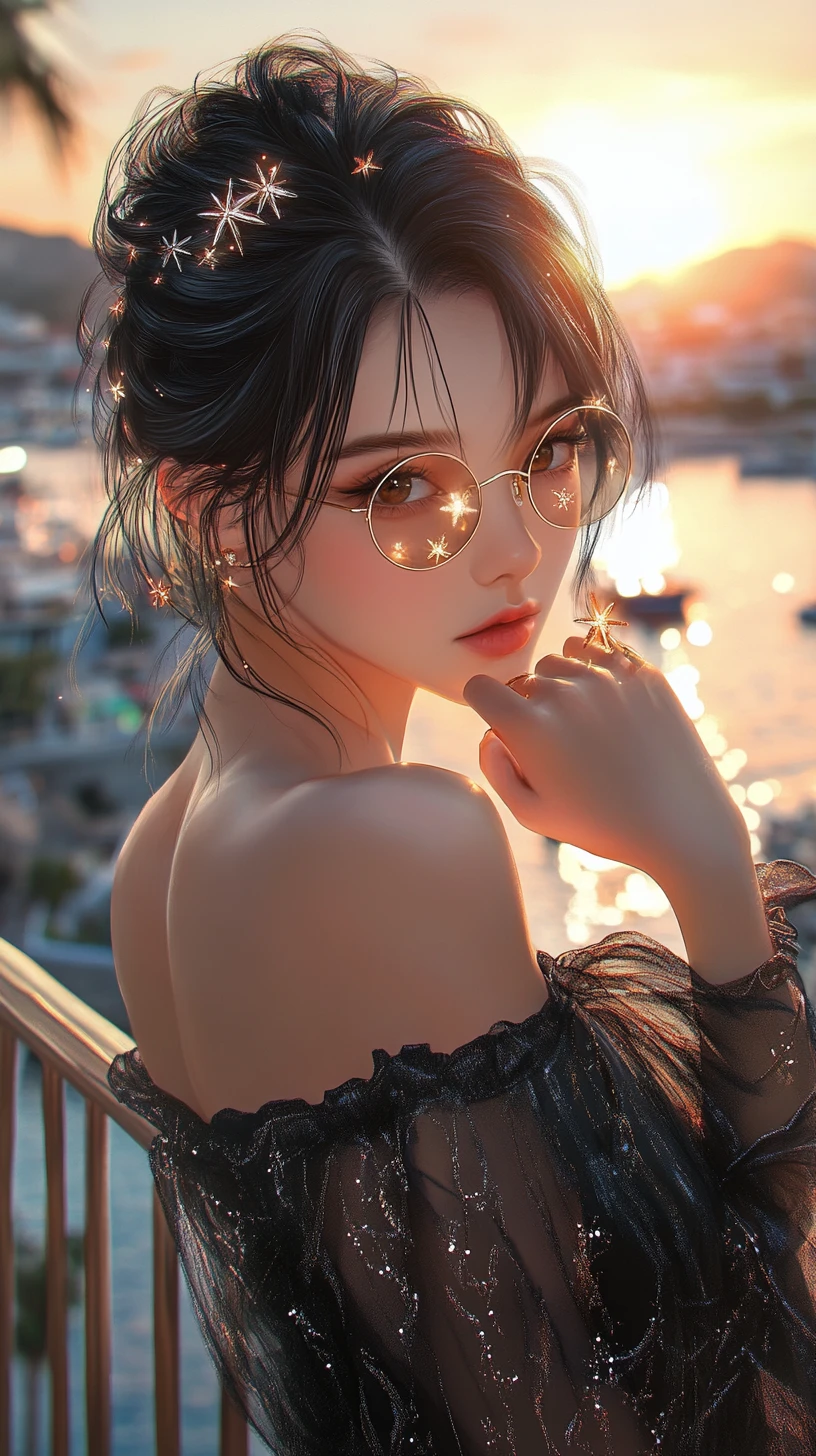 Elegant anime woman at sunset on a coastal balcony
