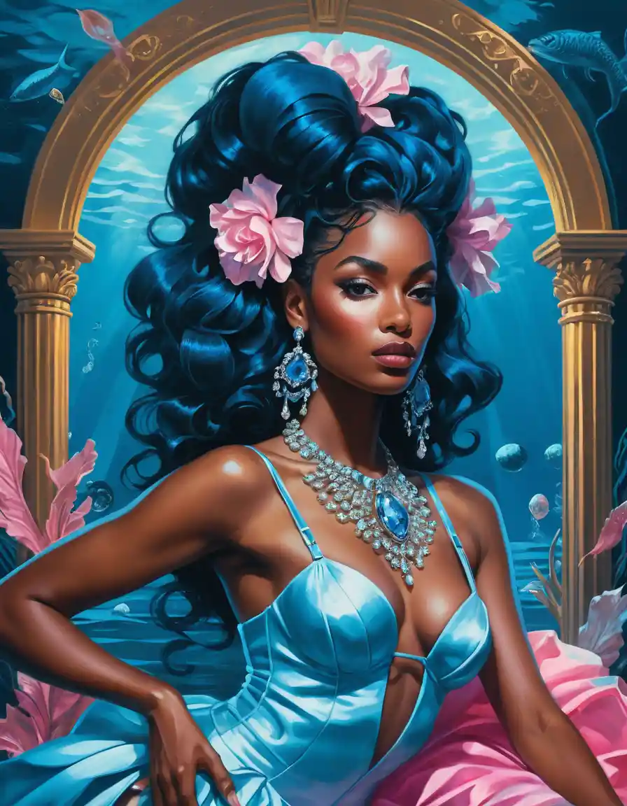 Underwater neon goddess in ornate haute couture pose