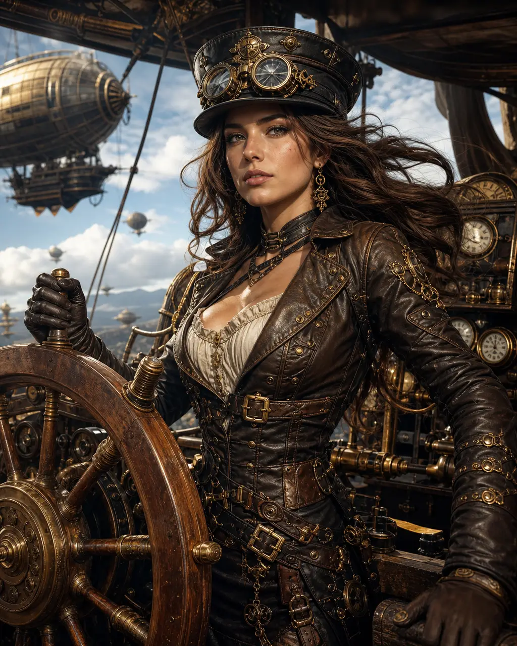 Steampunk female airship captain with goggles at the helm