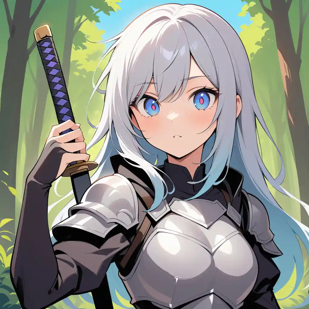 Silver armored woman with katana in sunny green forest