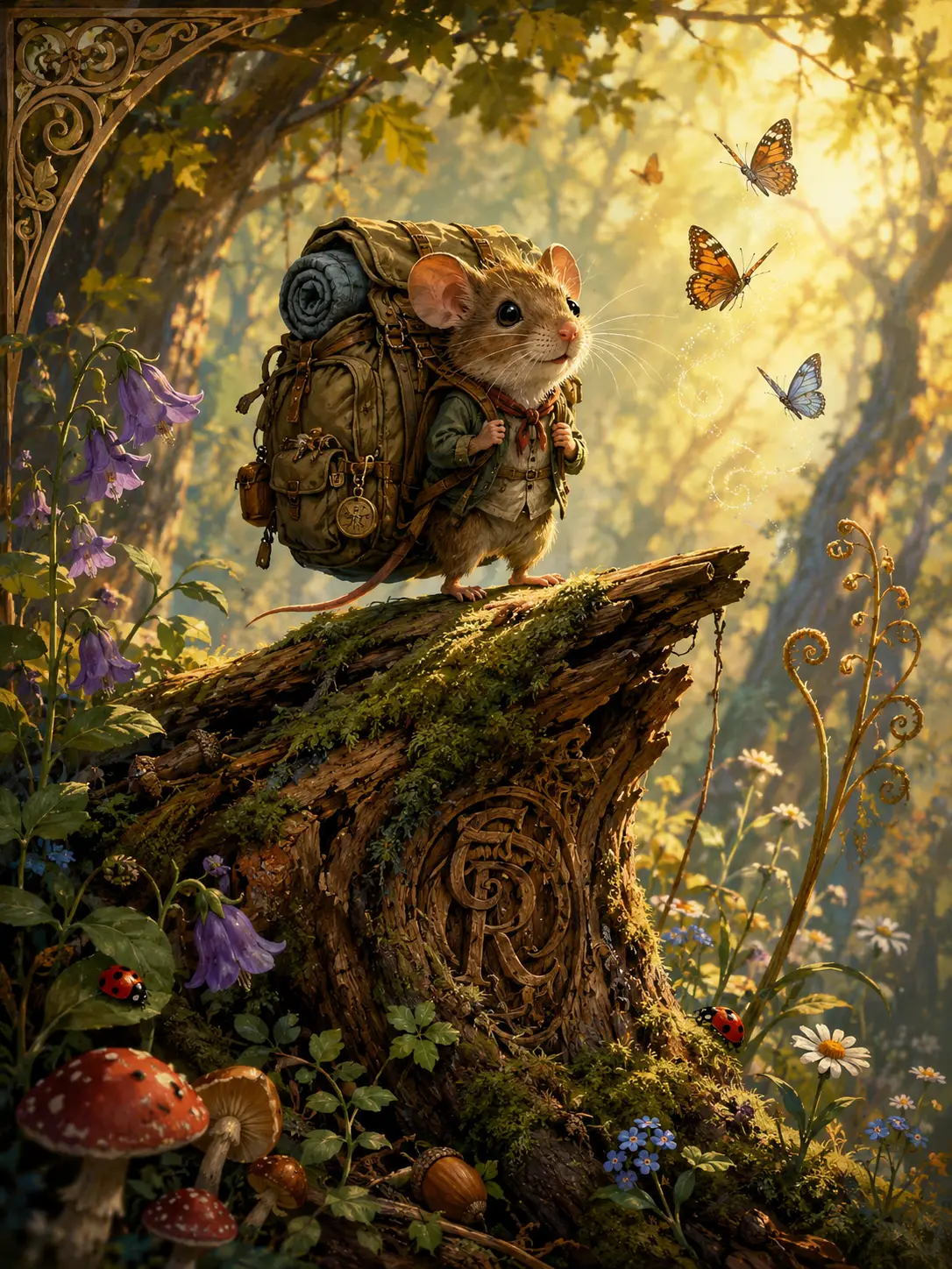 Tiny field mouse explorer on a mossy forest log