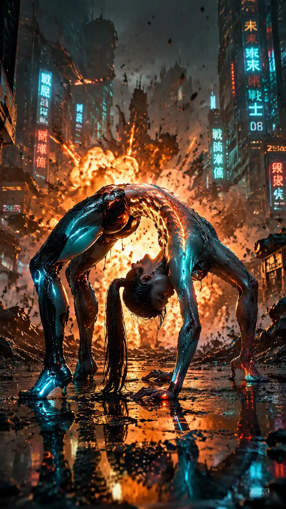 Cyberpunk warrior woman bending on ruined city battlefield
