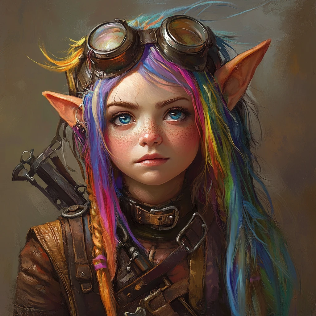 Colorful haired gnome girl artificer with magical musket
