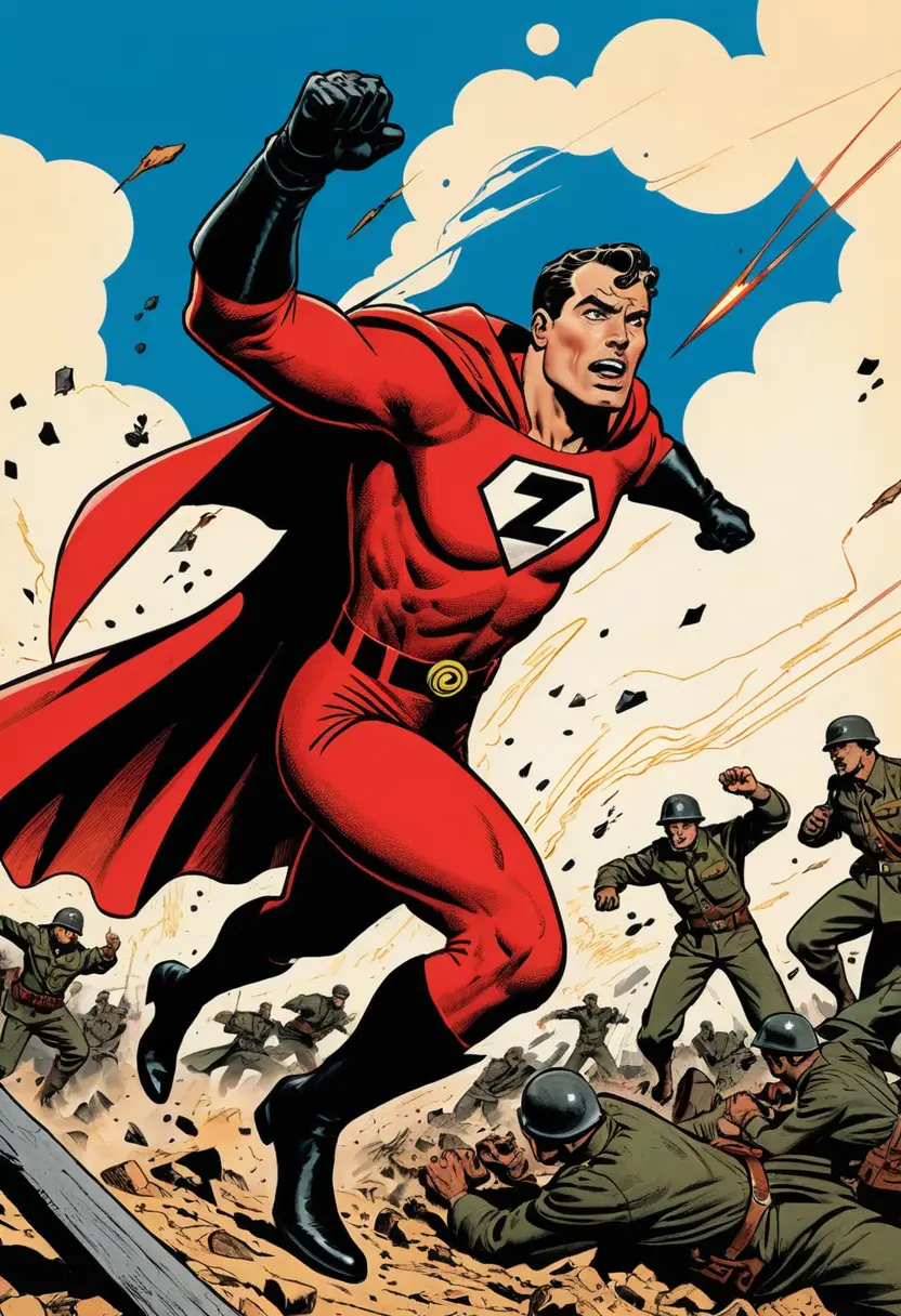 Vintage superhero battling enemies in dramatic comic scene