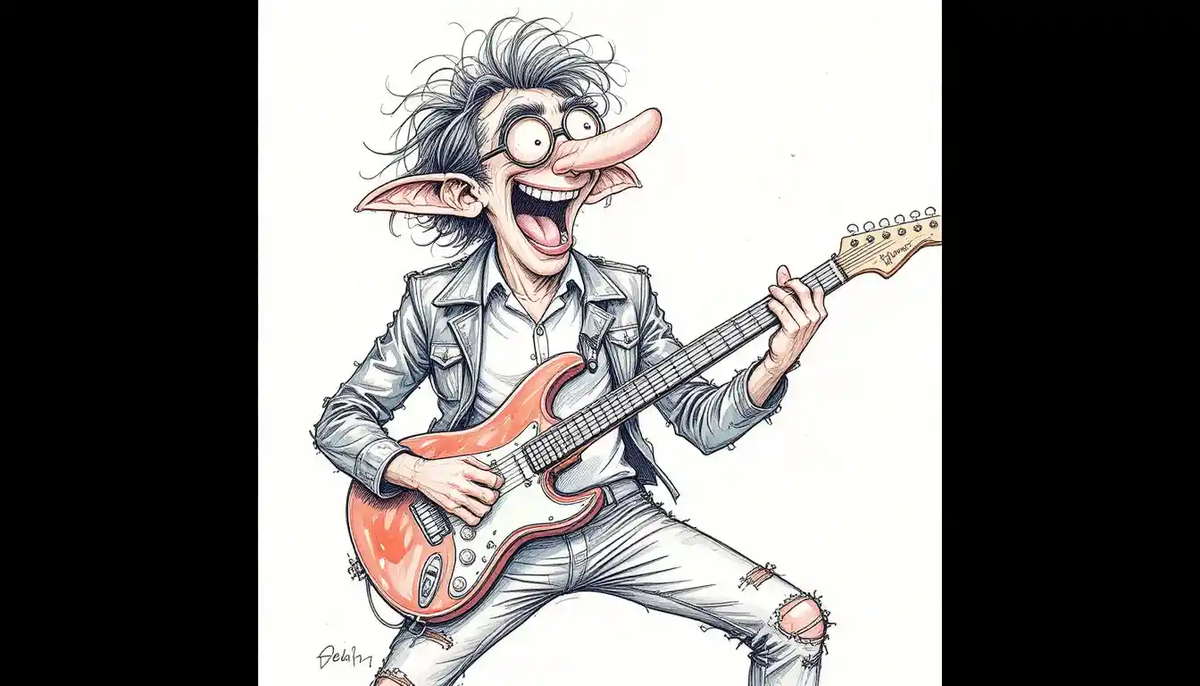 Cartoon guitarist laughing in a wild energetic sketch