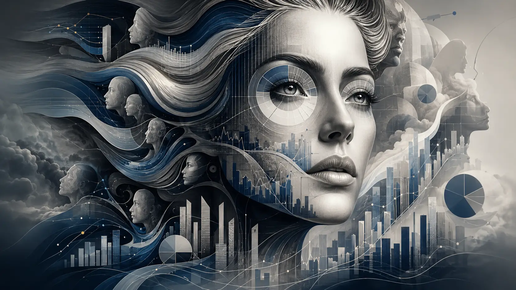 Surreal portrait of a face formed from executive dashboards