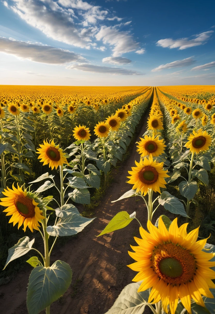 Golden sunflower field under a bright blue summer sky