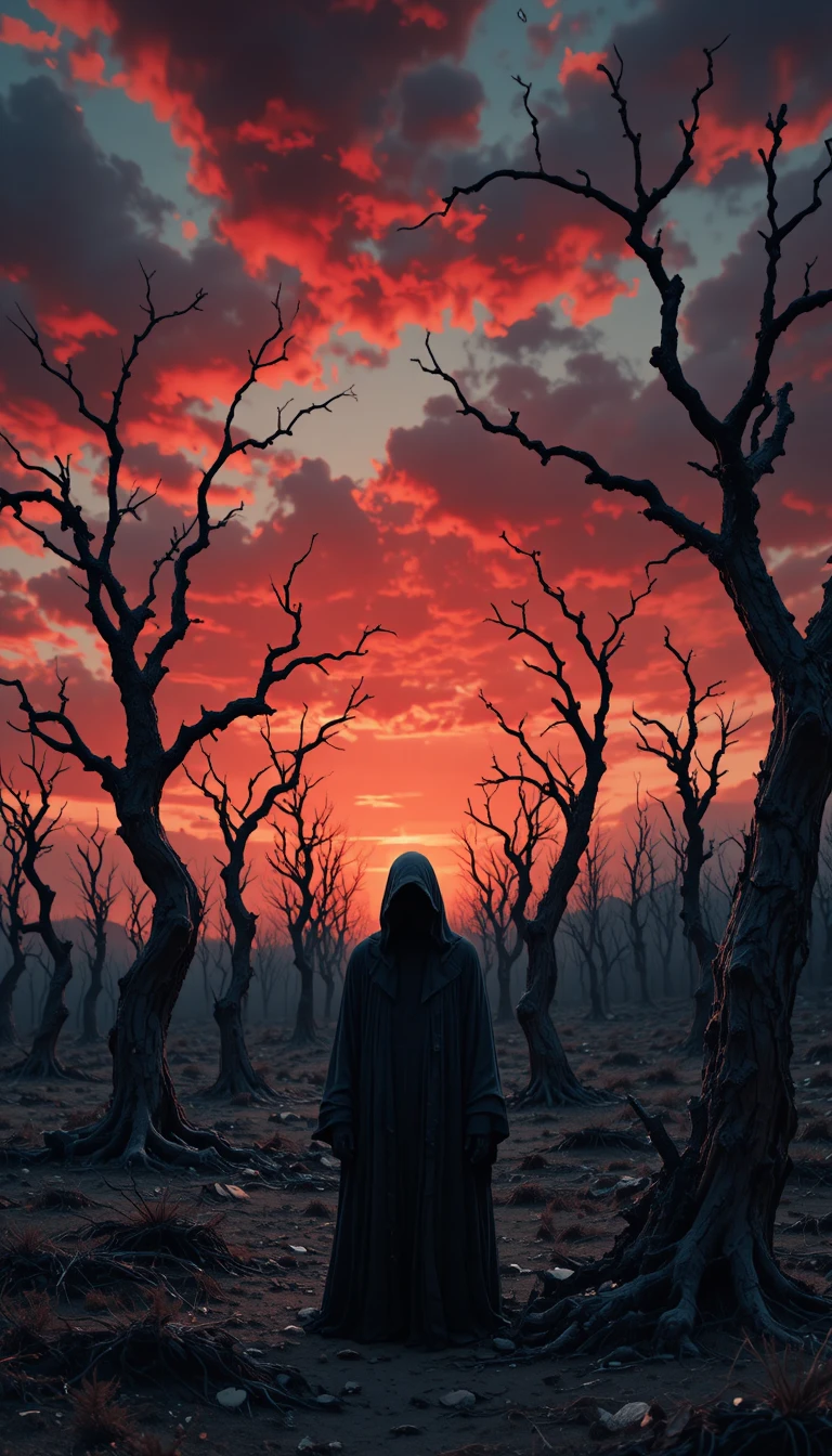 Lone robed figure in a desolate wasteland at dusk