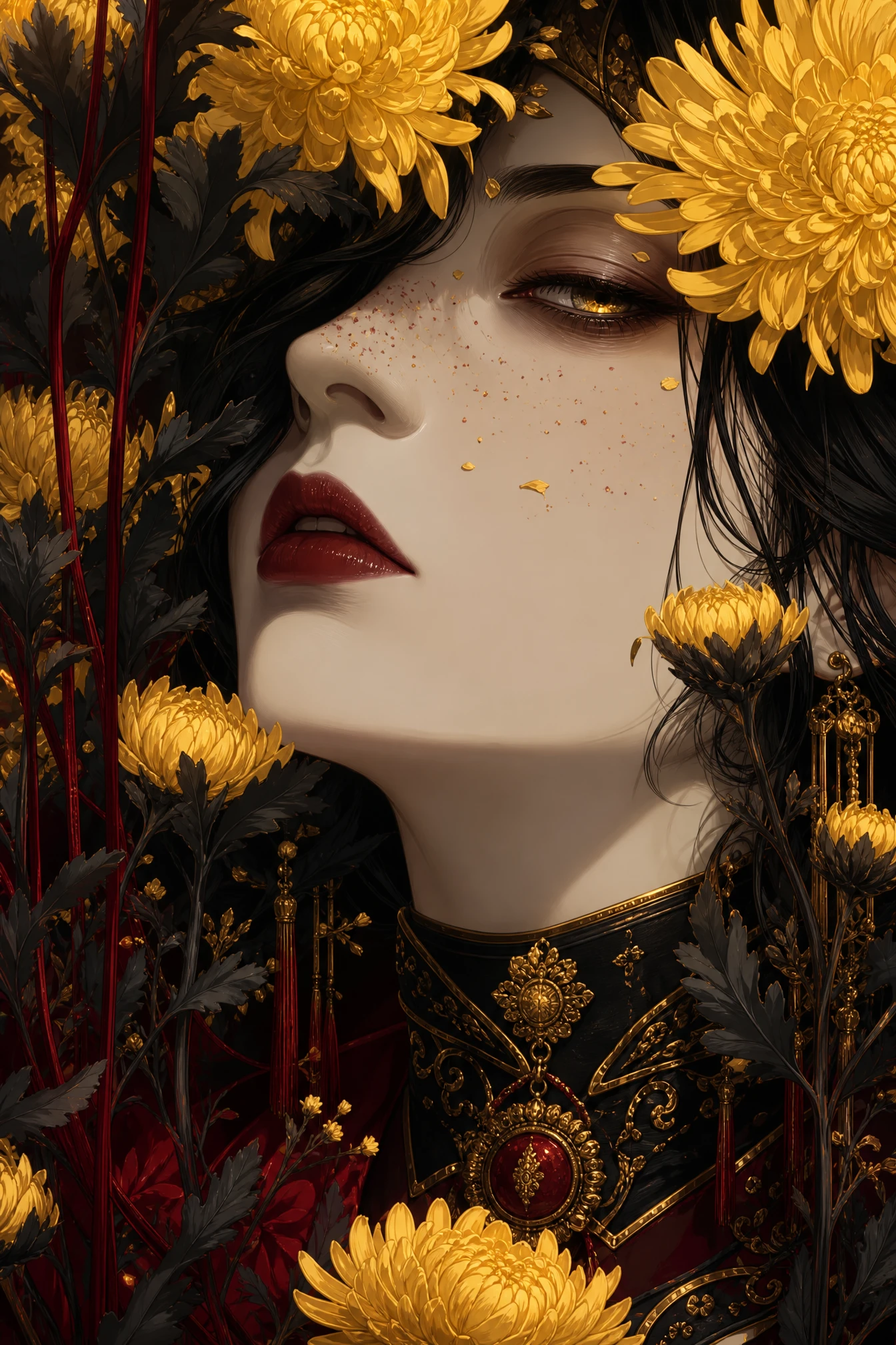 Primer plano de elegante mujer de fantasía en ilustración de moda ceremonial