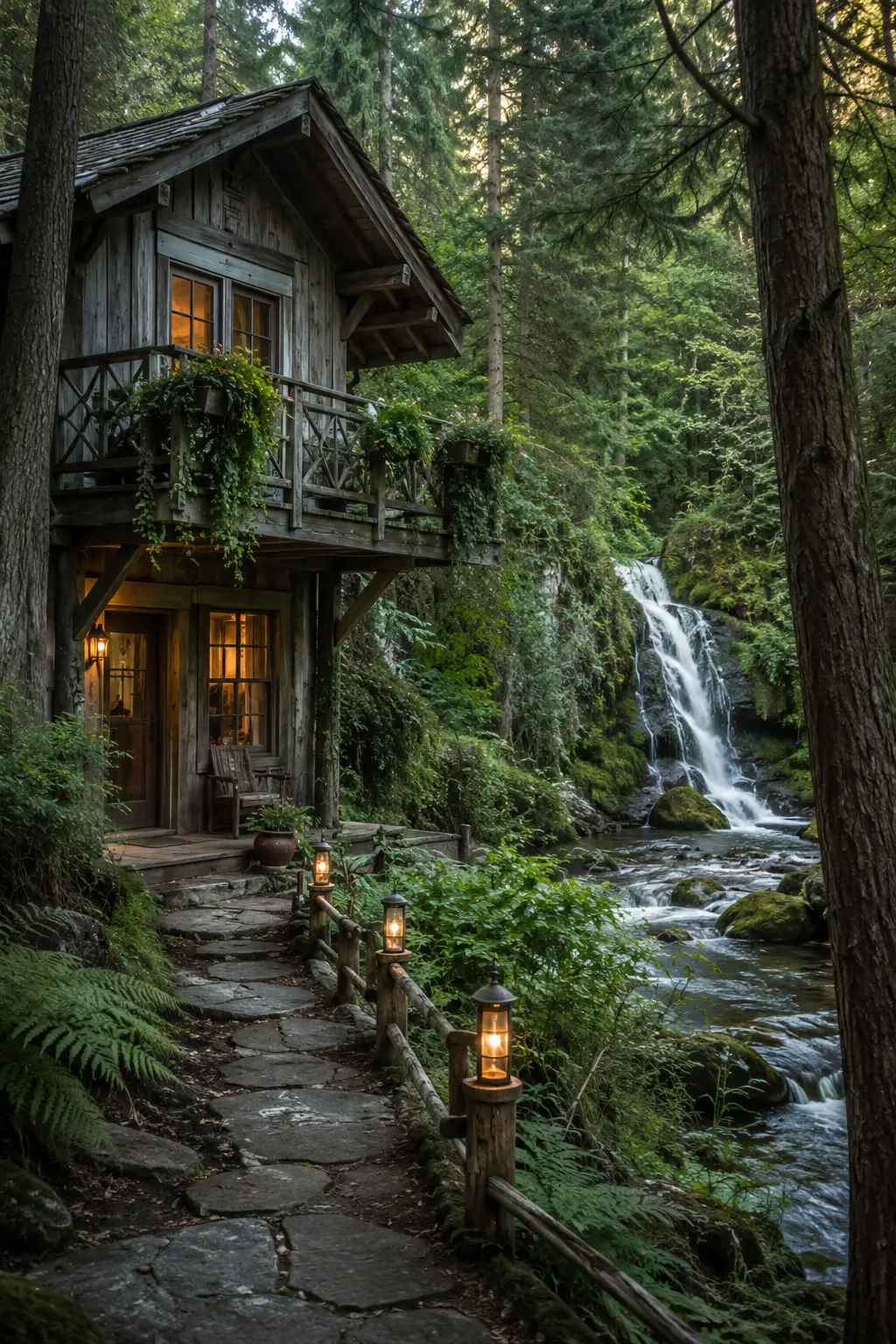Rustic forest cabin beside a gentle stream and waterfall