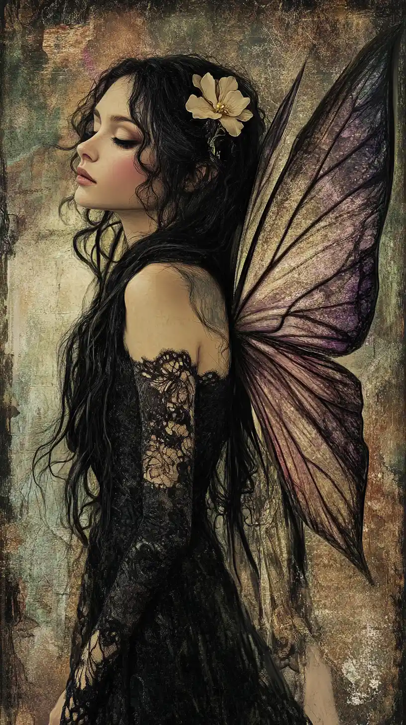Melancholic fairy in black lace with iridescent wings