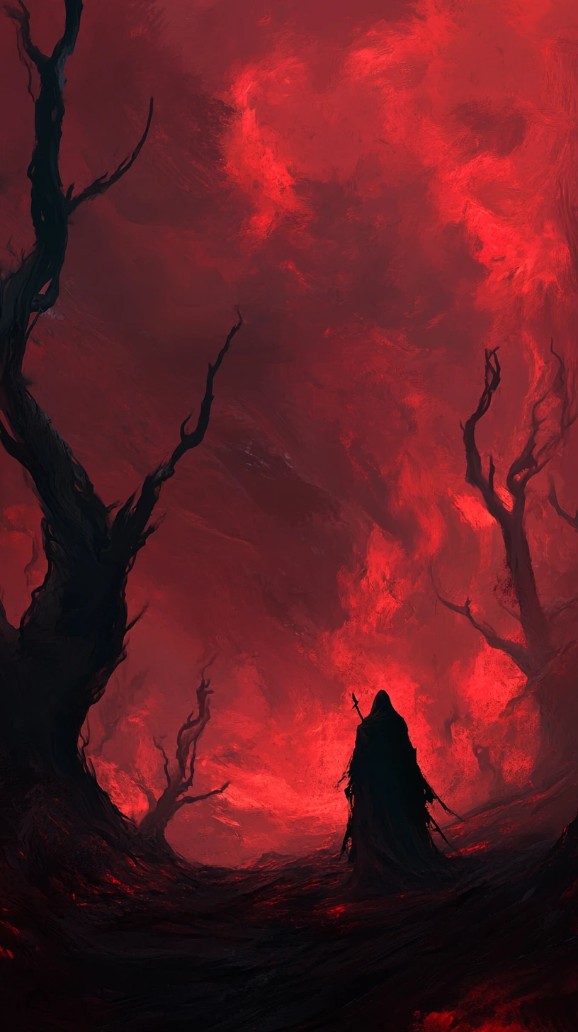 Lone hooded figure in a crimson wasteland at dusk