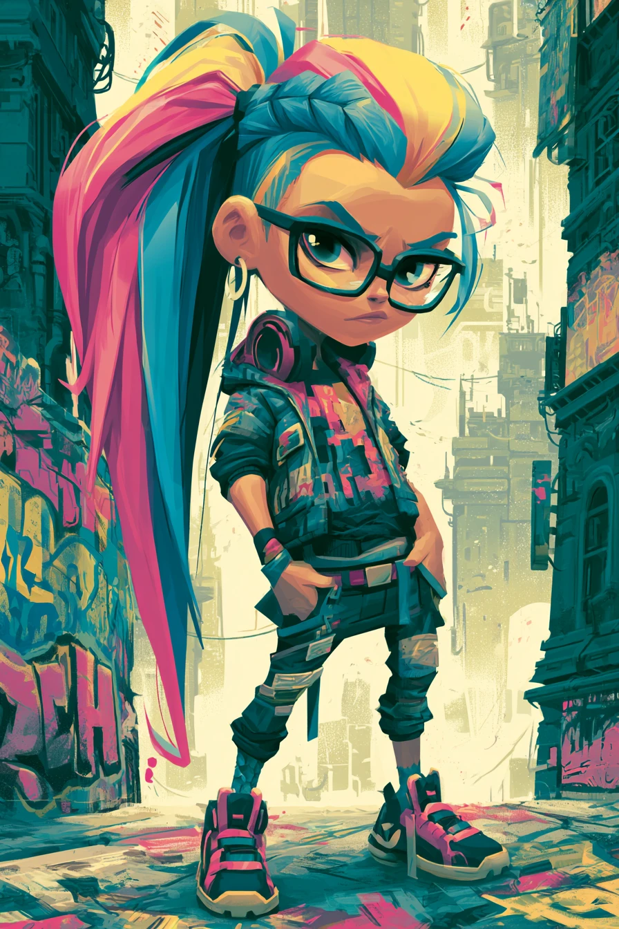 Chibi woman in neon city with multicolored avant garde hair