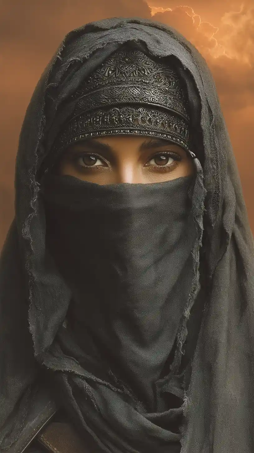 Bedouin horsewoman in flowing abaya against vast desert sky