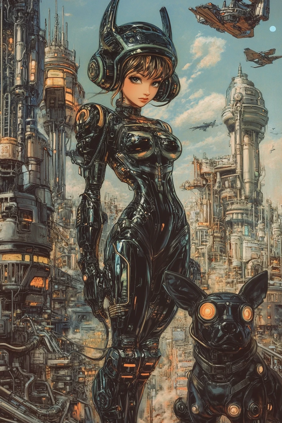Futuristic Female Warrior With Mechanical Dog In Neon City