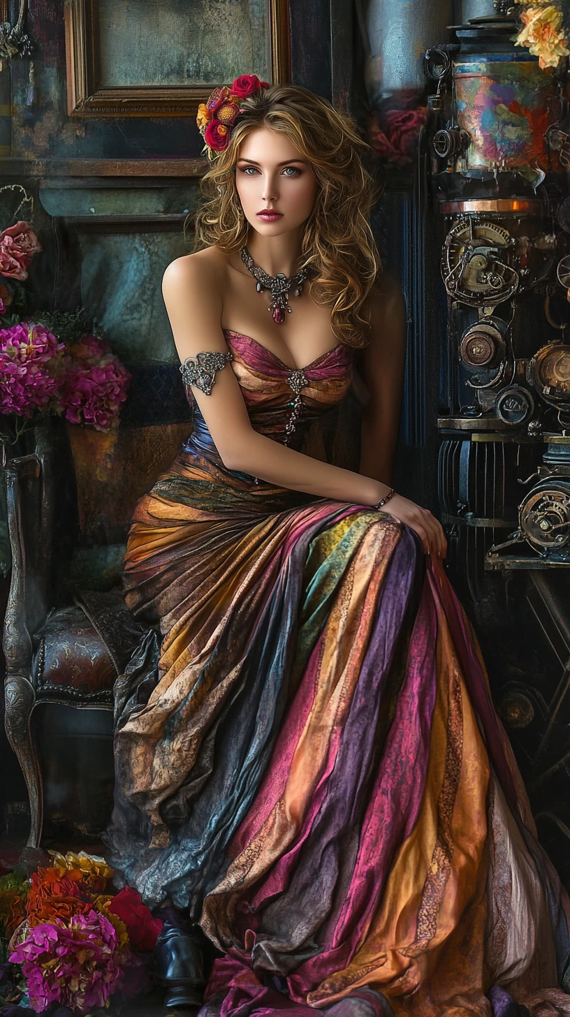 Elegant fantasy woman in a draped halter gown with florals