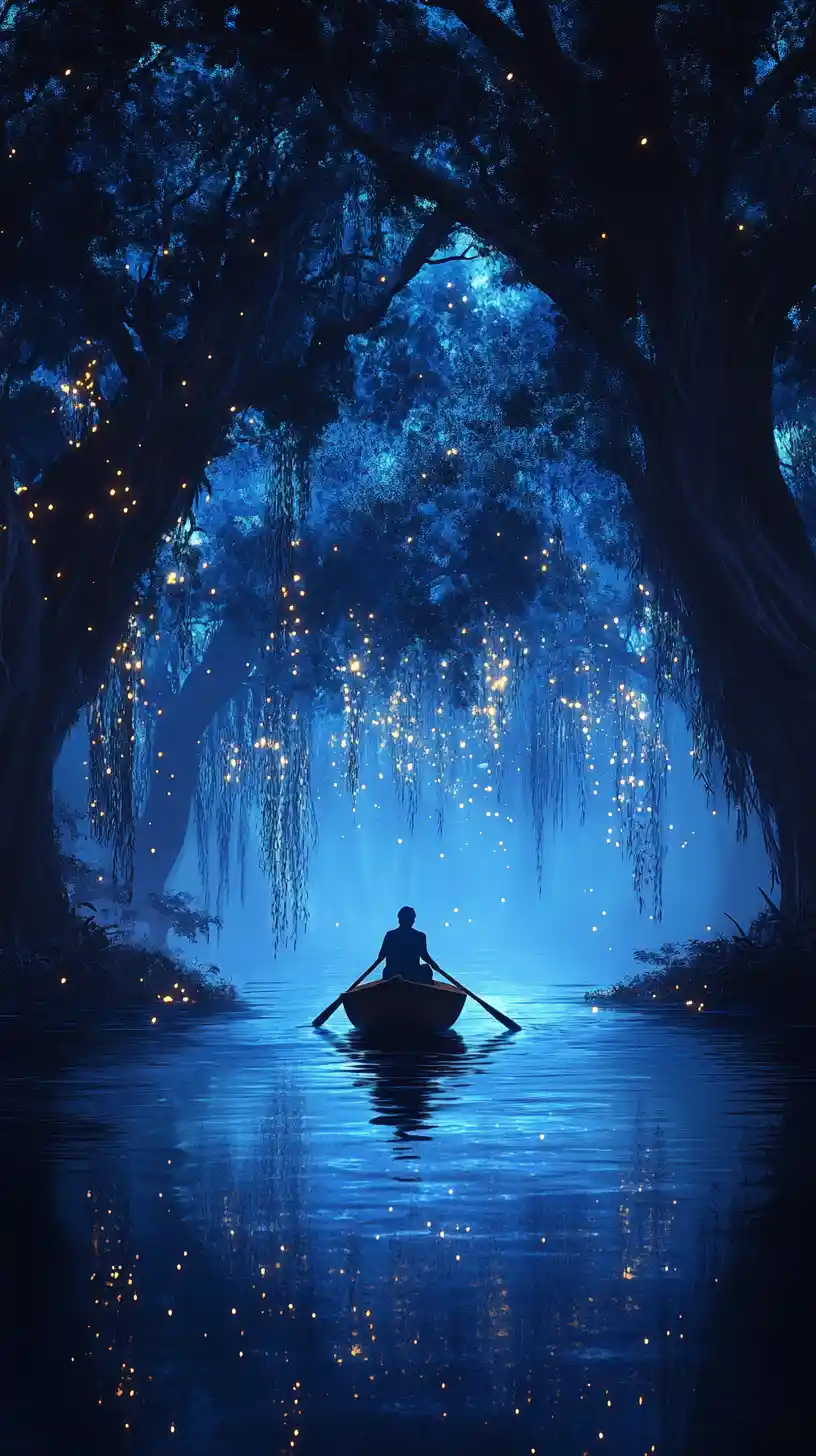 Solitary boat on a glowing enchanted forest lake at night