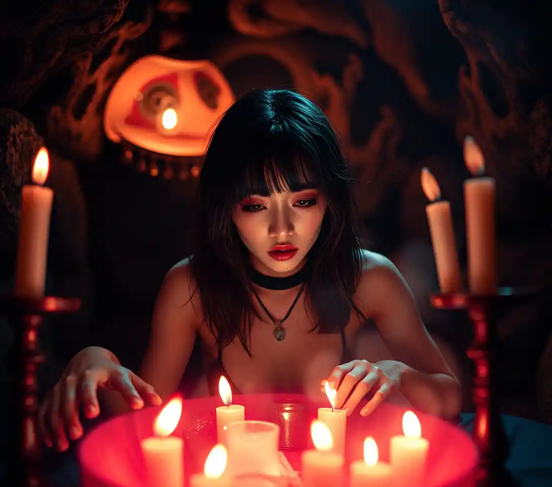 Woman in underground ritual chamber lit by candles and neon