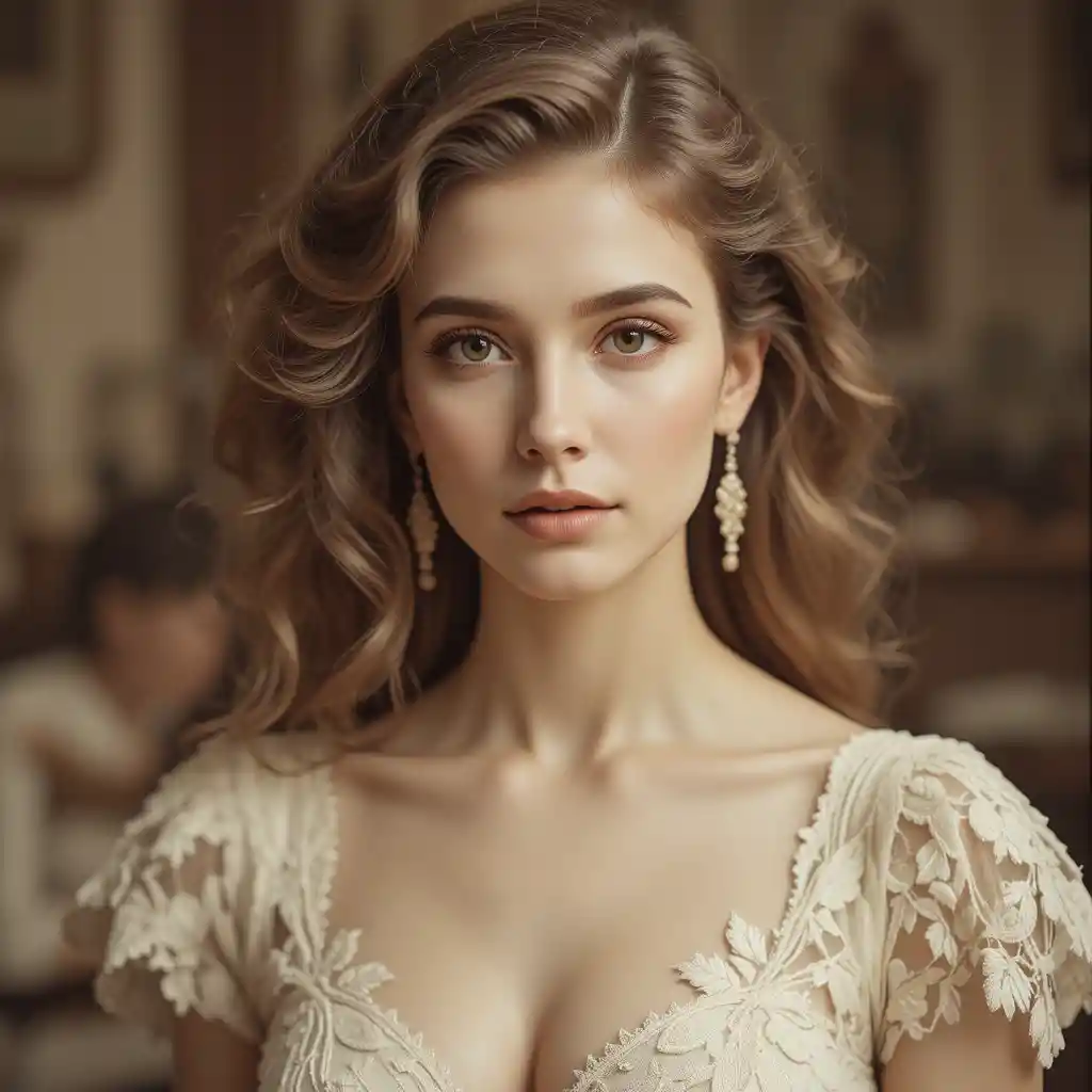 Elegant woman in ivory lace dress cinematic portrait