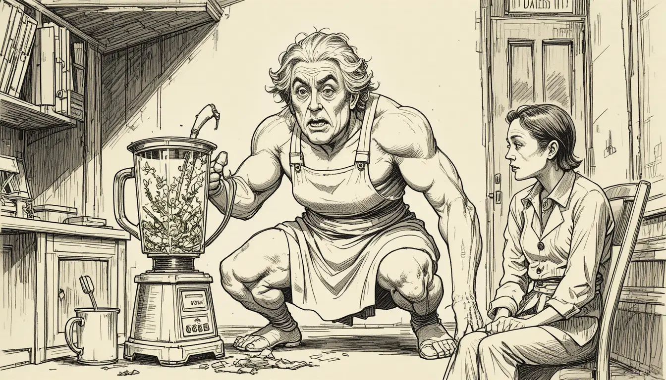 Anxious elderly woman with wild hair and chaotic blender